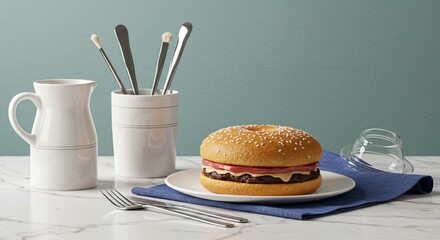 Still life of a burger on a plate with utensils and a white pitcher against a blue background