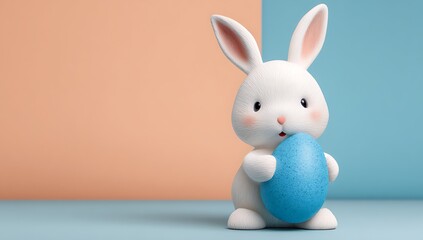 Obraz premium Cute white Easter bunny holding a blue Easter egg