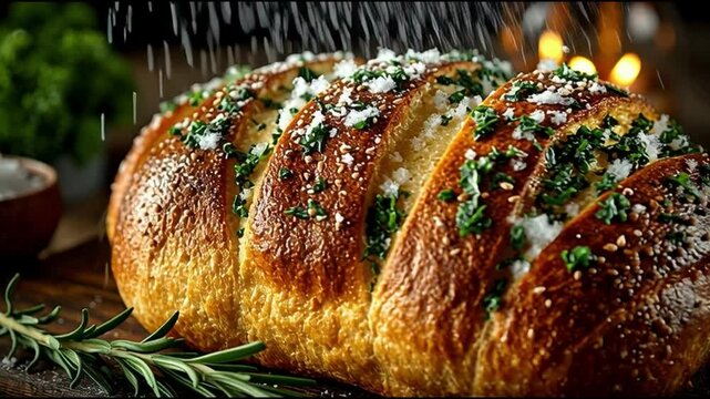Delicious freshly baked garlic bread with herbs, sea salt, and a sprinkle of love