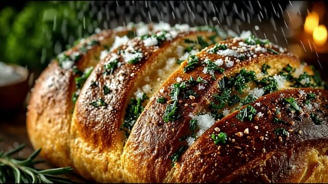 Delicious, freshly baked garlic bread, adorned with parsley and seasoning, perfect for a savory treat.