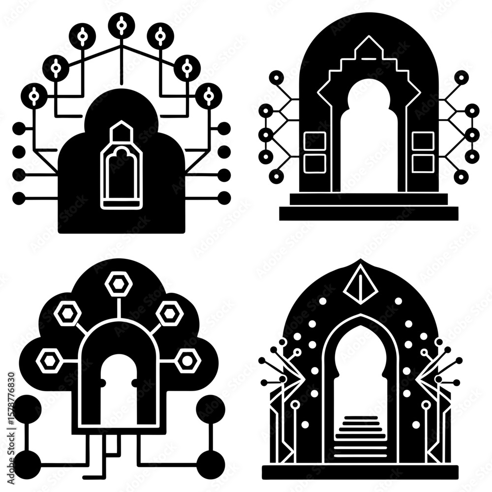 Poster four digital portals with geometric connections and archways in a grid pattern design vector