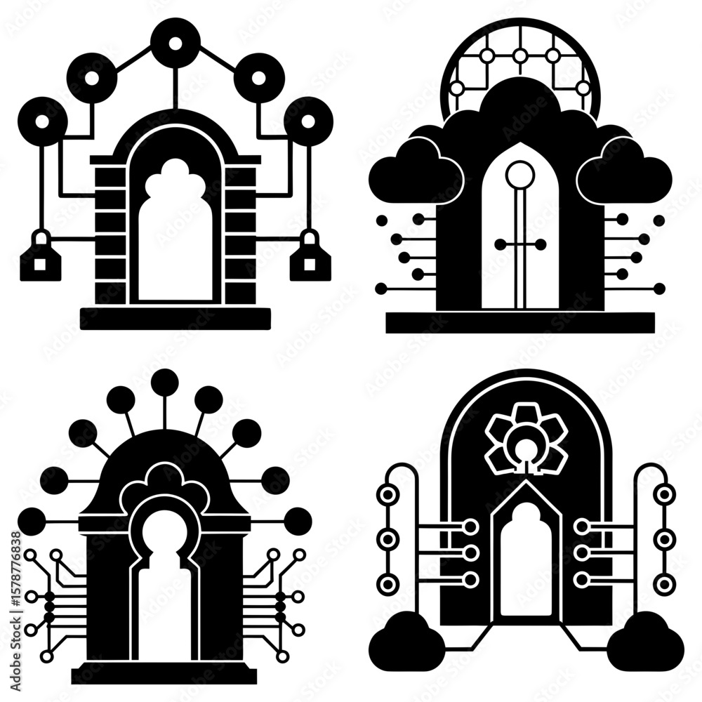 Aufkleber four stylized gateways with tech elements like circuits, clouds, and gears in black and white design