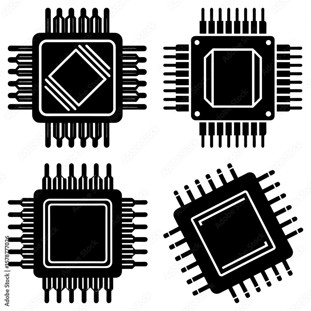 Aufkleber four black and white computer chips with multiple pins arranged in a square formation on a white bac