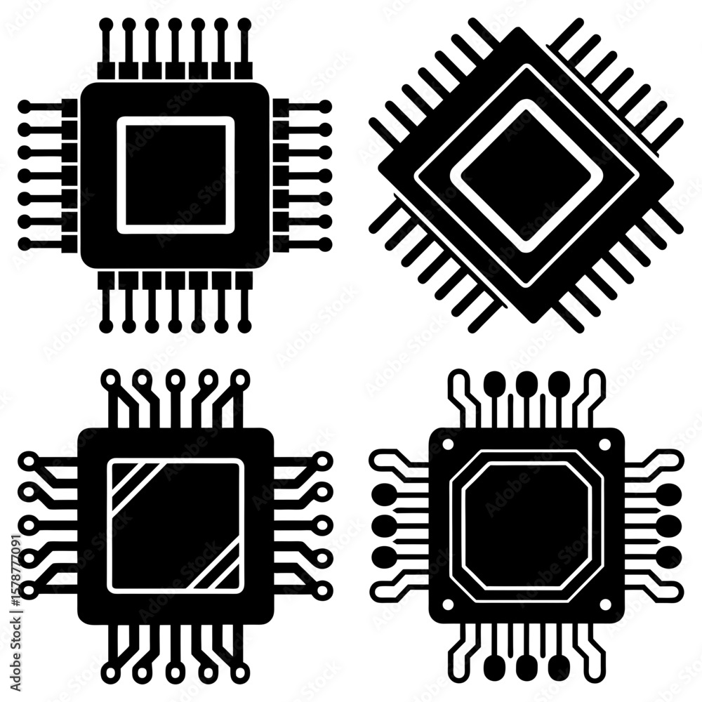 Poster four black and white computer chips with multiple pins arranged in a square grid pattern design styl