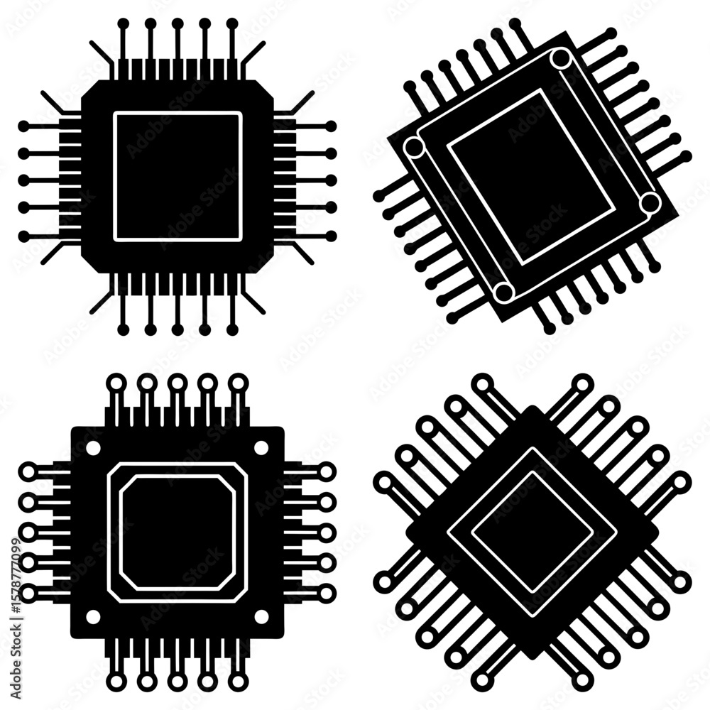 Aufkleber four black and white computer chips with multiple pins arranged in a square formation on a white bac