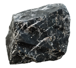 A large black rock with white streaks on it