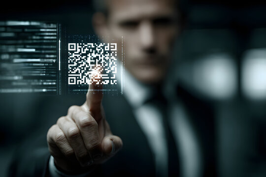 Close-up of a hand interacting with a futuristic digital interface featuring a QR code, symbolizing digital transactions, smart technology, and secure access systems.
