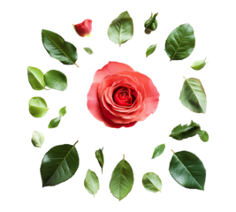 A rose is surrounded by green leaves, creating a circular pattern