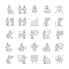 Fototapeta premium Collection of Thirty Line Art Icons Depicting Business People Engaging in Various Activities Including Presentations Meetings Handshakes and Goal Setting Illustrated in Black