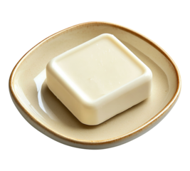 A white bar of soap sits on a white plate