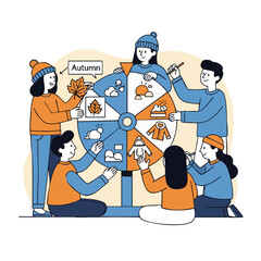 Flat Style People Playing Seasonal Wheel Game Illustration