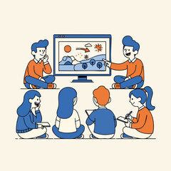 Minimalist Line Drawing Group Presentation Meeting on the Computer Monitor Illustration