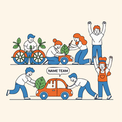 Flat Line Illustration Teamwork Building a Sustainable Future Vehicle Project
