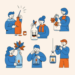 Flat Line Art People Decorating and Upcycling Glass Bottle Crafting Illustration
