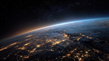 Obraz premium Stunning Aerial View of Earth from Space at Night with City Lights and Stars in the Background