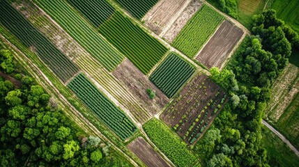 Aerial view of an ecological farm with rotating crops, compost piles, and organic farming techniques thriving amidst rolling green fields