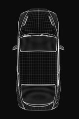 A sleek 3D car model displayed in wireframe style on a black background highlights intricate design details. The blueprint showcases precise engineering with visible framework and transparent layers.