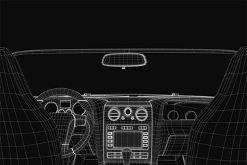A sleek 3D wireframe model of a car dashboard featuring a steering wheel, speedometer, and control panels. The dark background enhances the modern and futuristic aesthetic.
