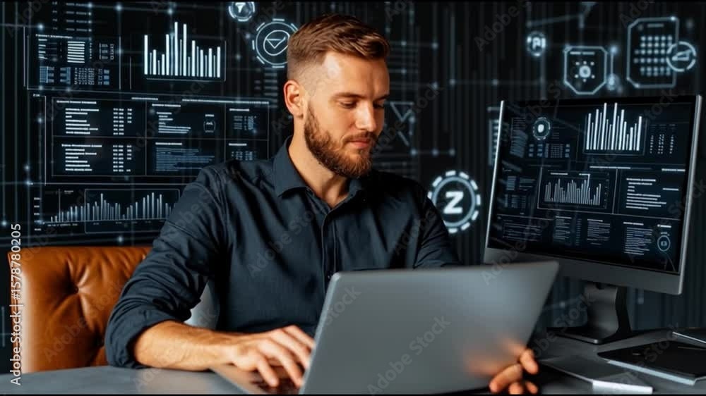 Poster a focused man working on a laptop and monitor surrounded by data visuals. he is deeply immersed in h