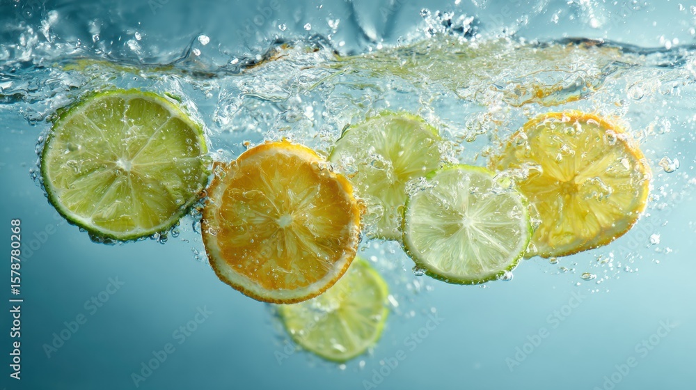 Poster floating citrus slices create a refreshing splash in cool water with an airy atmosphere, perfect for