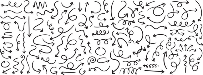 collection of hand drawn arrows. set doodle arrows marks isolated on white background. freehand drawing