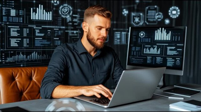 A data analyst working diligently on his laptop, surrounded by data visualizations and technical displays. The scene captures the focus and precision required for data analysis and problem-solving