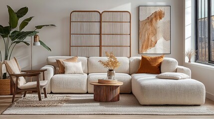 Living room interior with sectional sofa and wooden accents