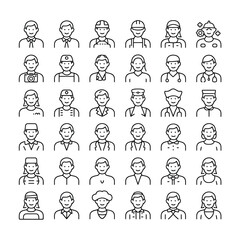 Obraz premium Collection of Thirty Six Black Outline Icons Depicting Diverse Professionals in Various Occupations and Attire