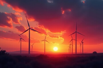 Obraz premium Silhouetted wind turbines against a fiery sunset , renewable, orange, dusk