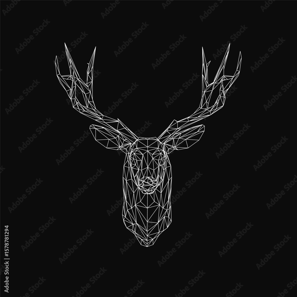 Poster a black and white geometric deer head composed of intricate wireframe shapes and lines stands out ag