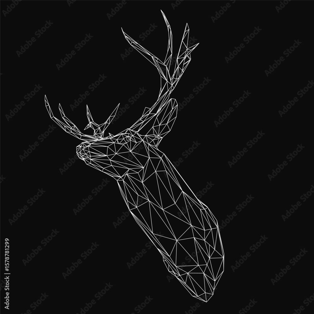 Poster a black and white geometric deer head composed of intricate wireframe shapes and lines stands out ag