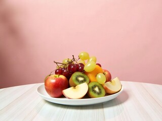 Fresh assorted fruits on white plate with pink background