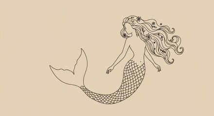 Elegant Mermaid Silhouette Line Art with Floral Details