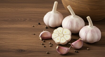 Garlic bulbs and cloves with peppercorns arranged on a wooden surface near a wooden bowl edge
