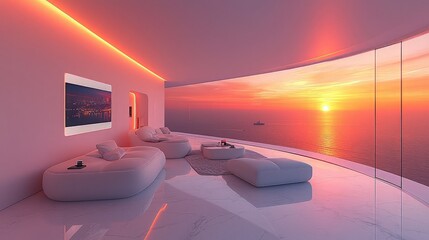 Modern interior design with ocean view and sunset lighting
