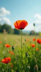 Obraz premium A solitary poppy stands alone in a Normandy meadow with tall grasses and wildflowers , normandy, single poppy