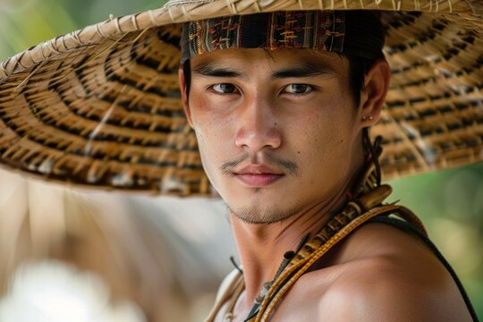 Portrait of a young indigenous man wearing a traditional salakot hat and tribal necklace, representing his cultural heritage