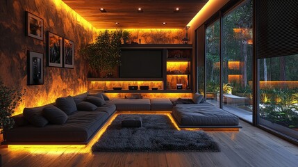 Modern living room with platform seating and large windows