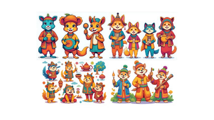 Fototapeta premium : Parade of Cartoon Animals in Festive Costumes with Musical Instruments and Party Accessories