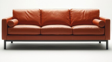 Orange leather sofa with cylindrical armrests on a white background