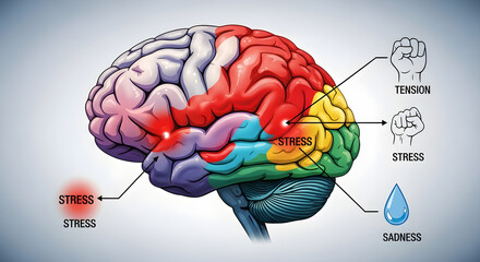 Colorful illustration of a brain highlighting areas affected by stress, tension, and sadness with corresponding visual cues.