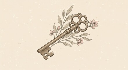 Antique Key with Botanical Accents Line Art