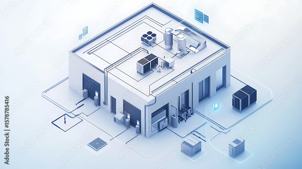 Poster a building with a lot of technology and machinery on it. the building is white and blue. the technol