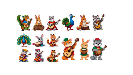 Naklejka premium Charming cartoon animals gather for a musical jamboree, featuring cats, rabbits, squirrels, and a peacock, each playing instruments against a crisp white background.