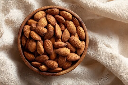 natural-colored fabric background, scattered almond nuts
