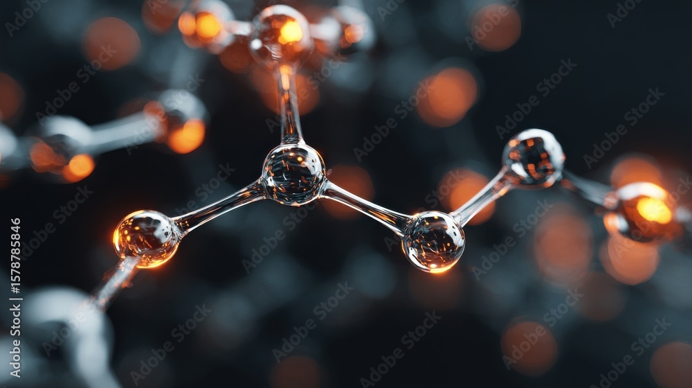 Poster abstract representation of molecular structure with glowing elements and blurred background in dark 