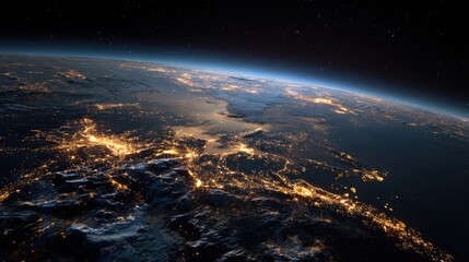 Obraz premium Aerial View of Earth at Night with Vibrant City Lights and Starlit Sky in Deep Space