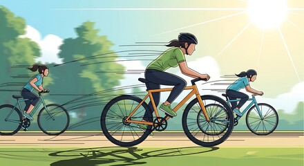 Fototapeta premium Illustrative scene of three women cycling outdoors in a sunny environment