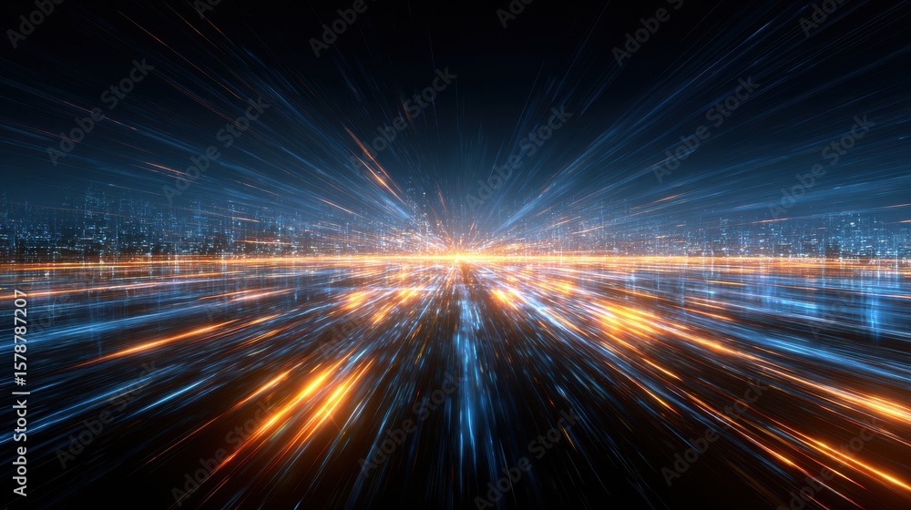 Poster futuristic abstract light rays with dynamic speed effect in blue and orange colors over dark backgro