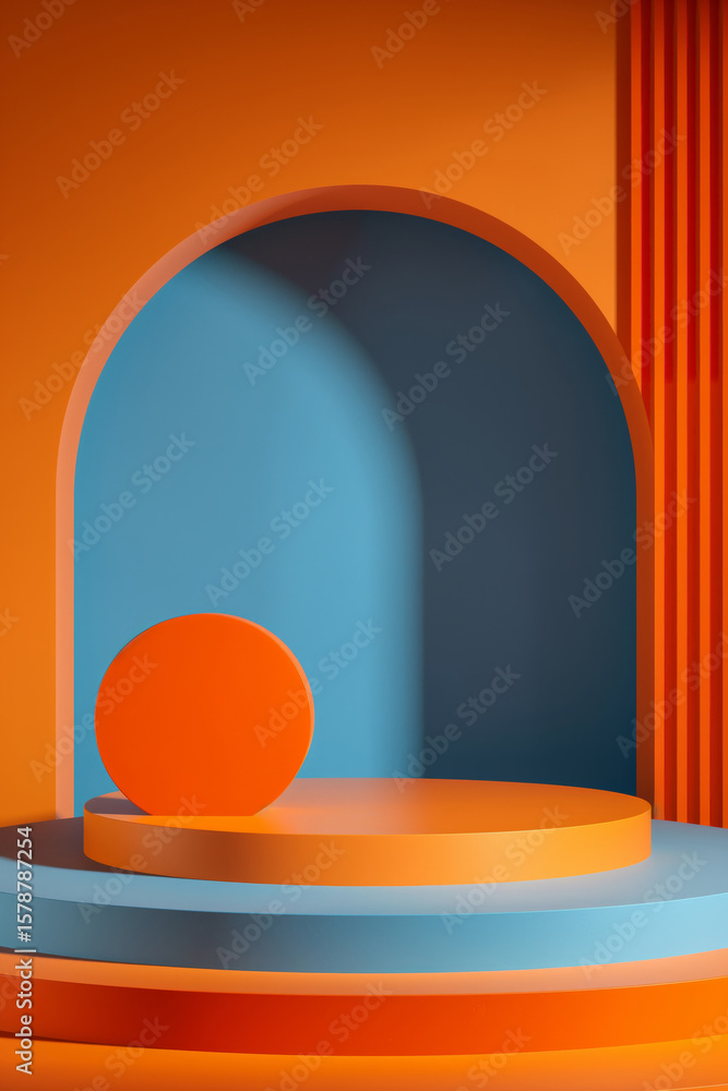 Poster 3d render colorful stand with arch and cylinder display podium for product showcase background in vi